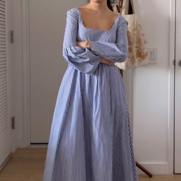 Staud Plumeria Blue White Stripe Bell-Sleeve A-Line Maxi Dress - Picture 4 of 4